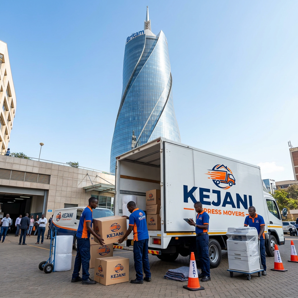 Kejani Express Movers crew in branded blue uniforms loading office boxes and equipment into a branded truck in Nairobi's Upper Hill
